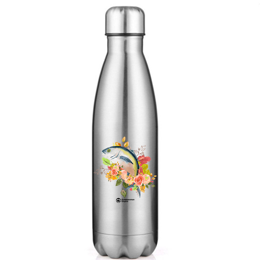 Fishing Flower 17oz stainless steel water bottle with vibrant UV printed design, showcasing its double-walled insulation and leakproof cap.