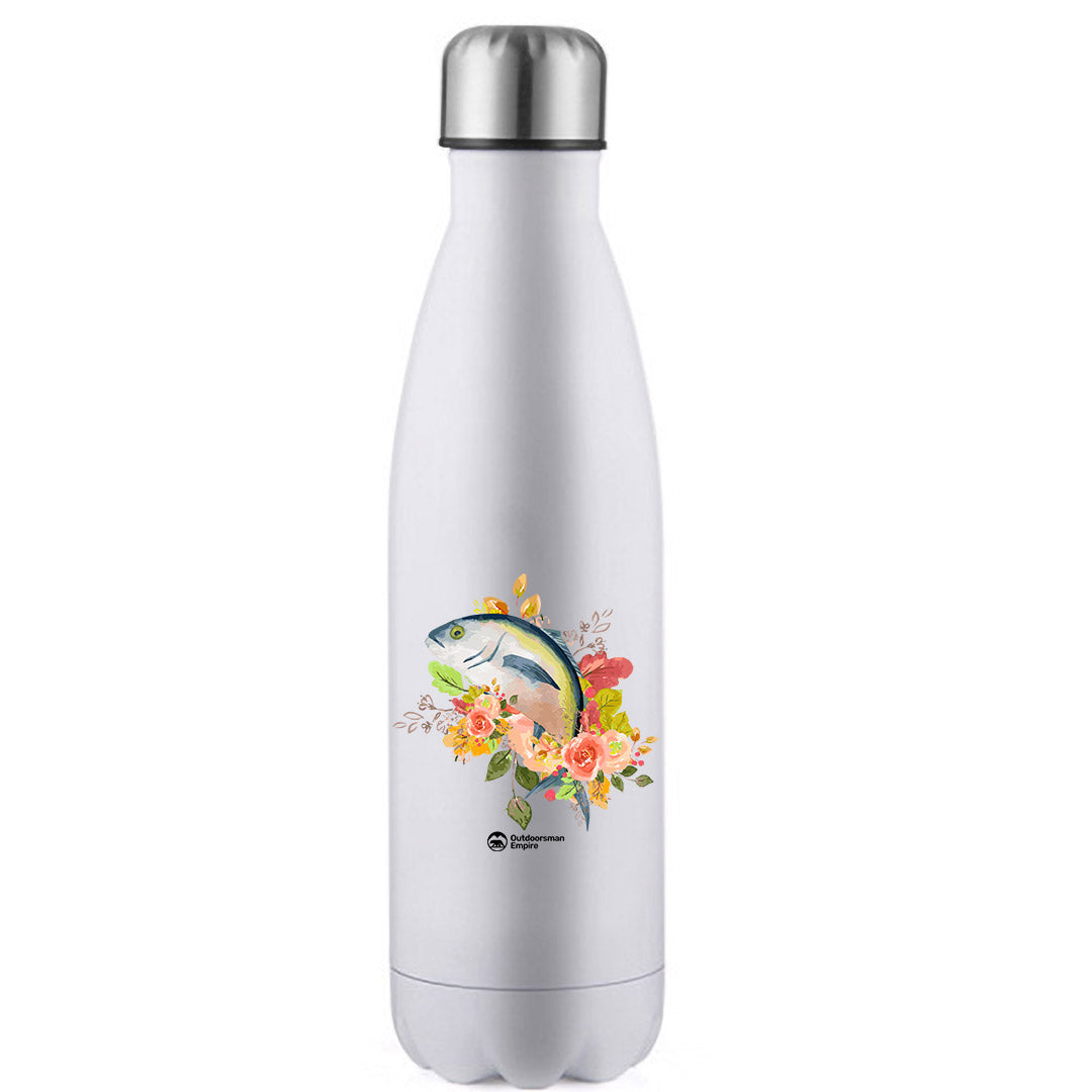 Fishing Flower 17oz stainless steel water bottle with vibrant UV printed design, showcasing its double-walled insulation and leakproof cap.