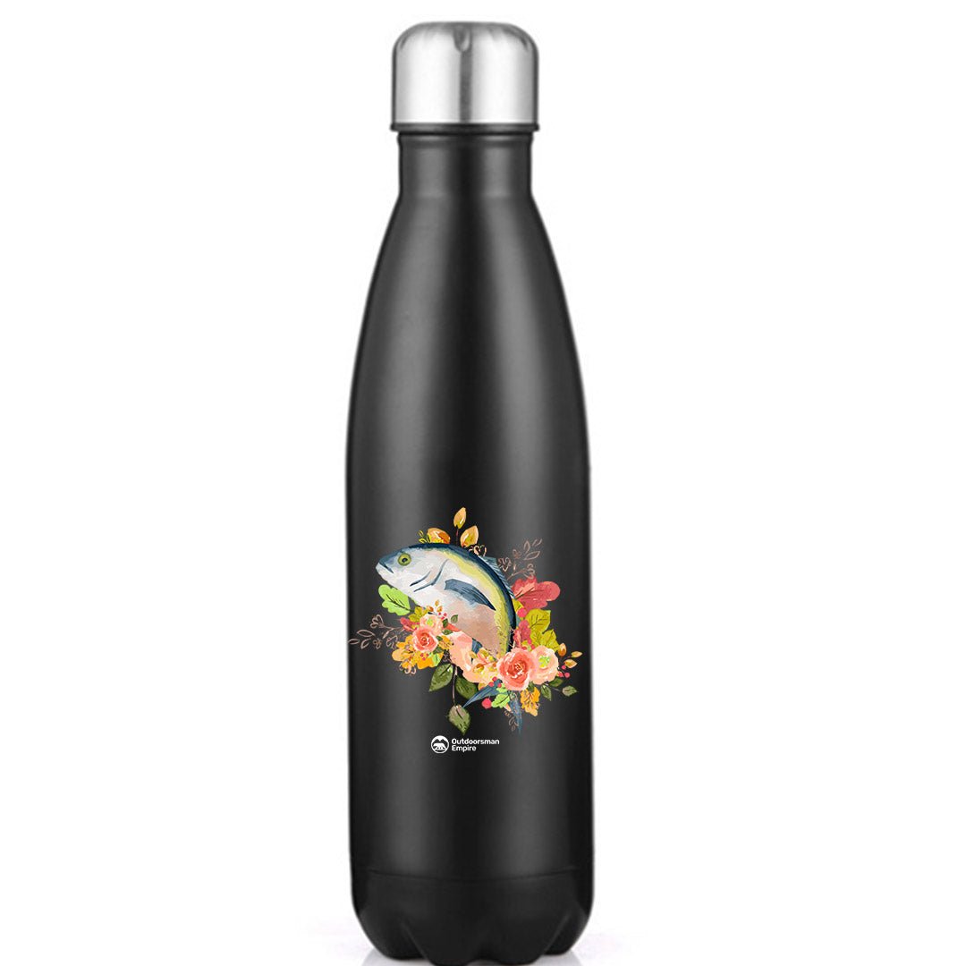 Fishing Flower 17oz stainless steel water bottle with vibrant UV printed design, showcasing its double-walled insulation and leakproof cap.