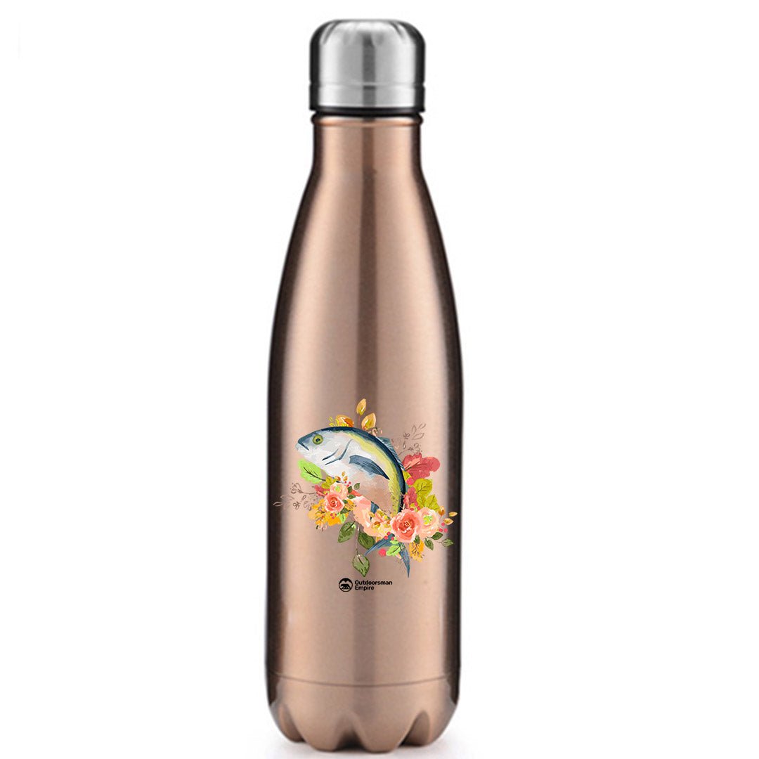 Fishing Flower 17oz stainless steel water bottle with vibrant UV printed design, showcasing its double-walled insulation and leakproof cap.