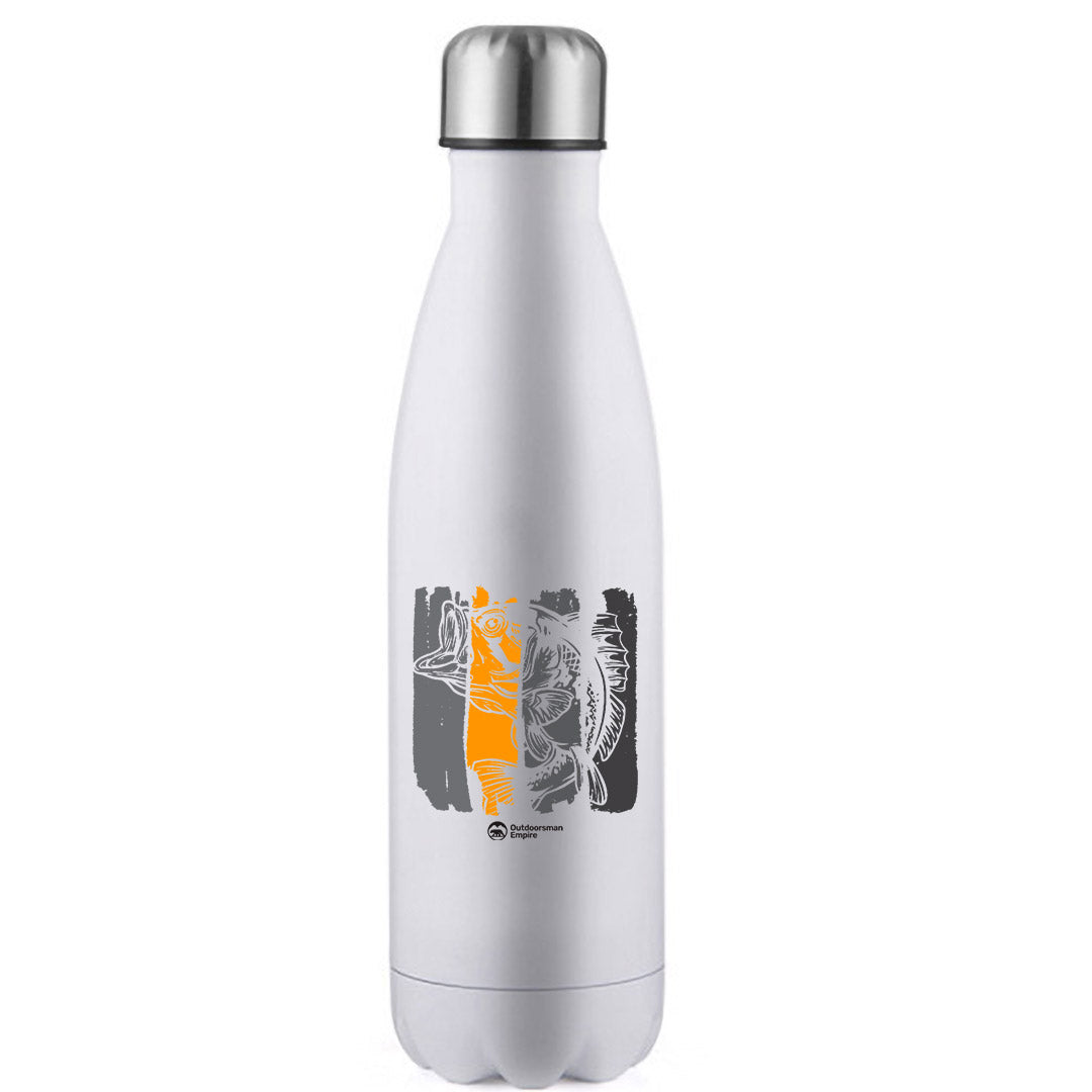 Fishing Grunge Bars' stainless steel water bottle with UV printed design, showcasing its sleek and durable construction.