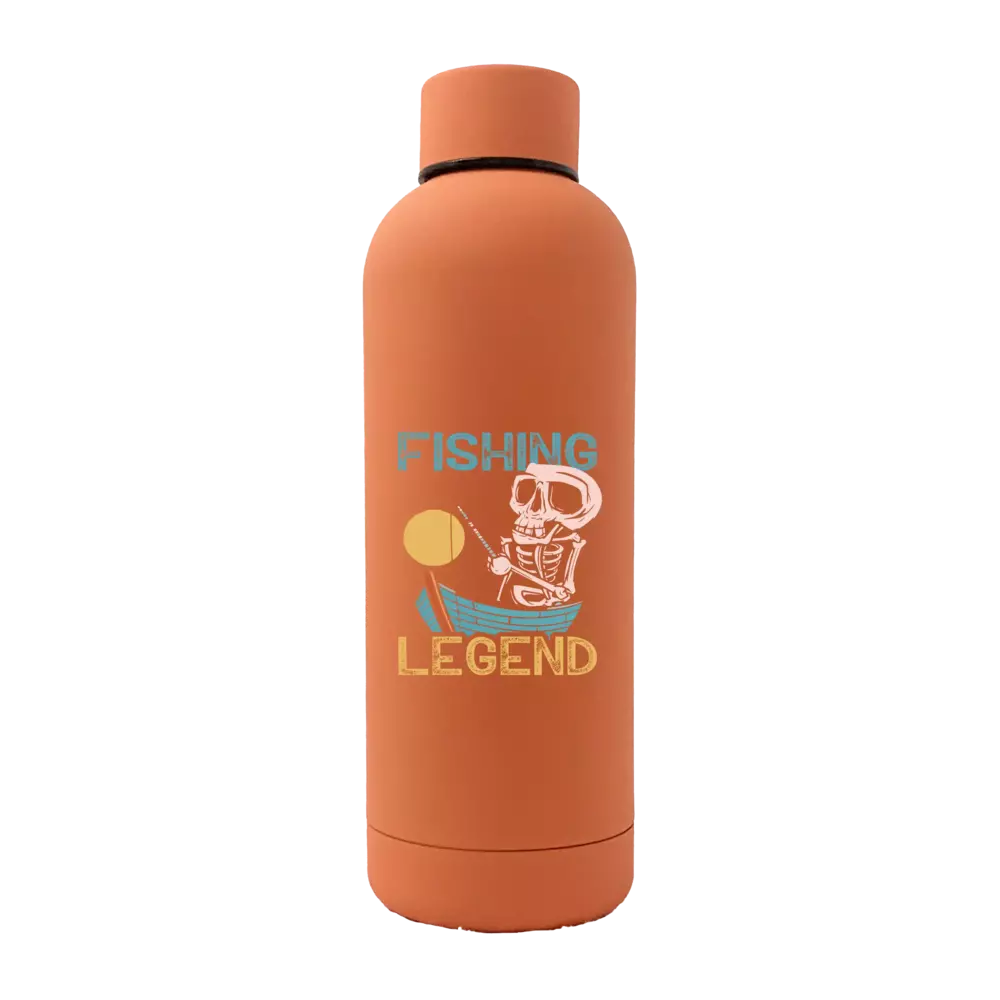 Fishing Legend 17oz Stainless Rubberized Water Bottle with a vibrant UV printed design and leakproof cap, perfect for outdoor activities.