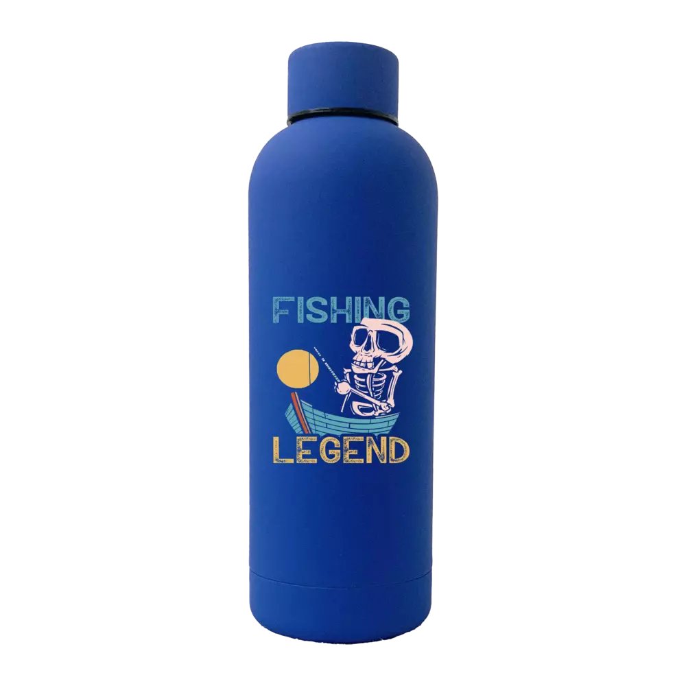 Fishing Legend 17oz Stainless Rubberized Water Bottle with a vibrant UV printed design and leakproof cap, perfect for outdoor activities.