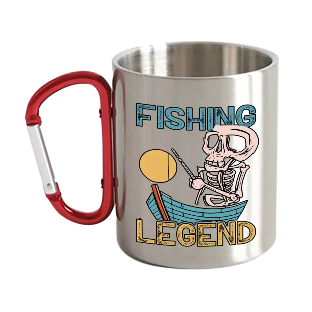 Fishing Legend Carabiner Mug 12oz with UV printed design, showcasing its durable stainless steel and ceramic construction.