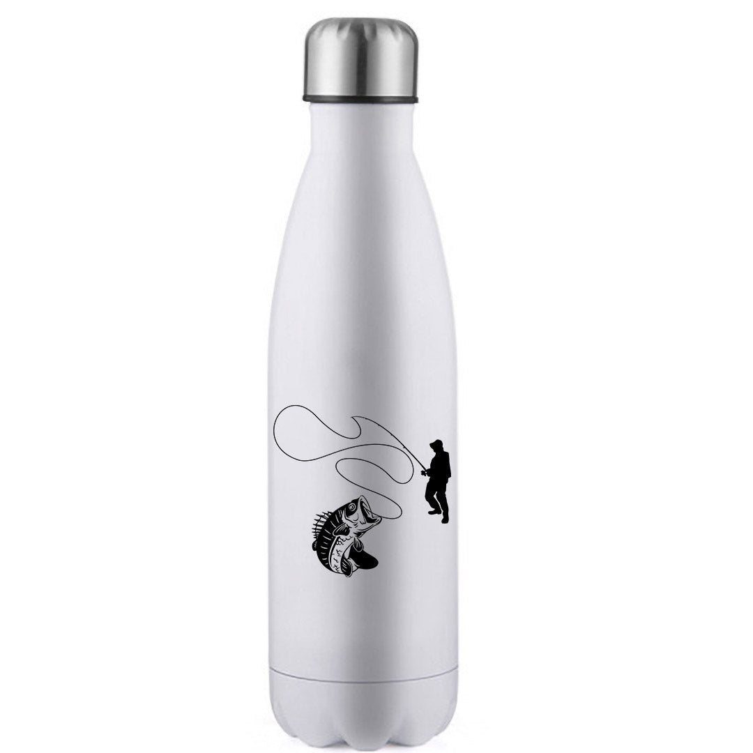 Fishing Lines' stainless steel water bottle in vibrant colors, showcasing its bowling pin shape and leak-proof cap.