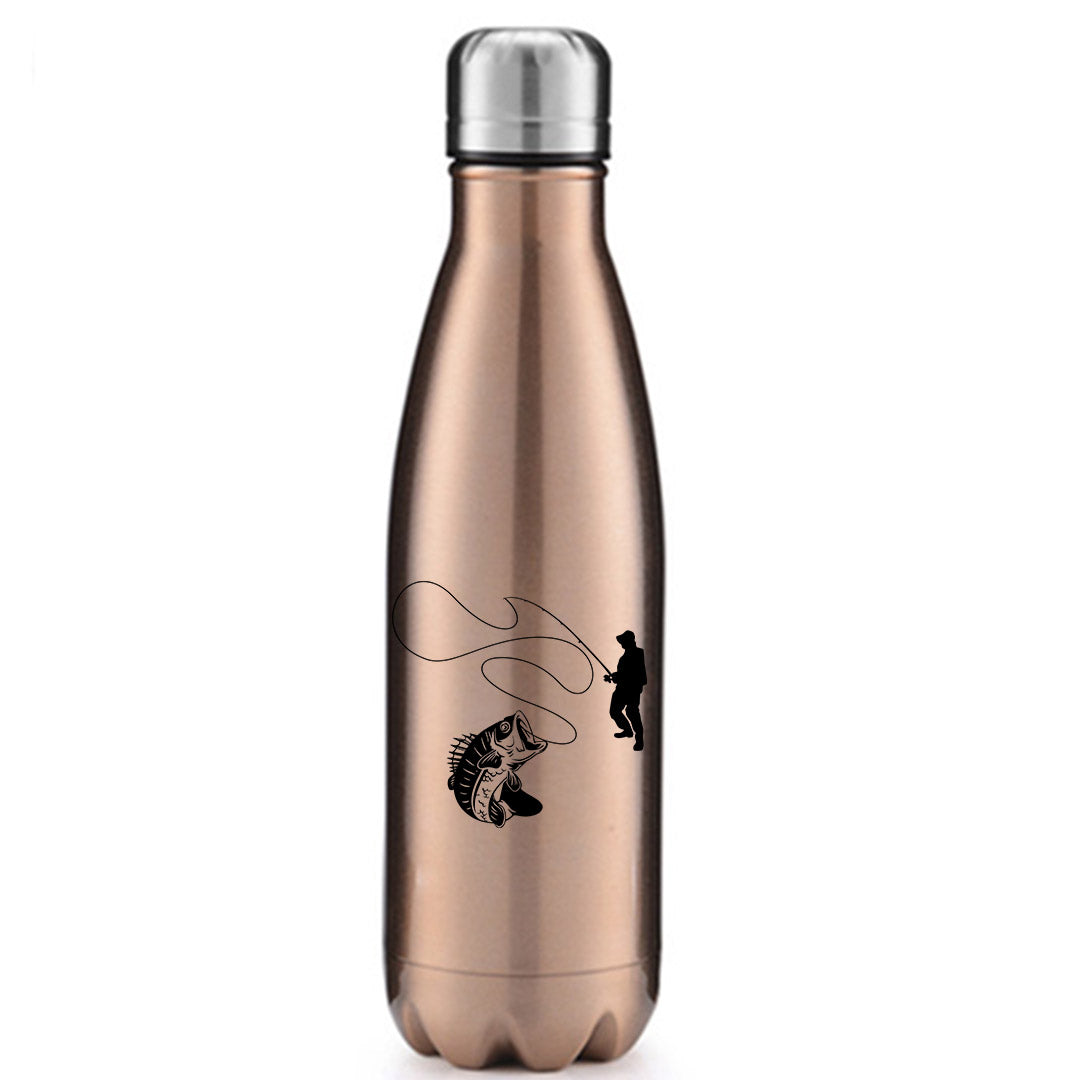 Fishing Lines' stainless steel water bottle in vibrant colors, showcasing its bowling pin shape and leak-proof cap.