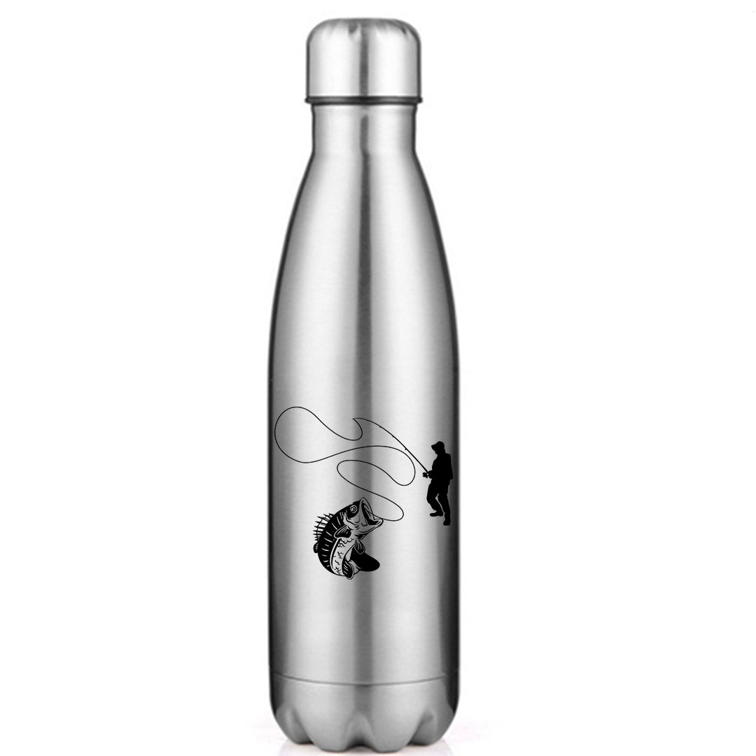 Fishing Lines' stainless steel water bottle in vibrant colors, showcasing its bowling pin shape and leak-proof cap.