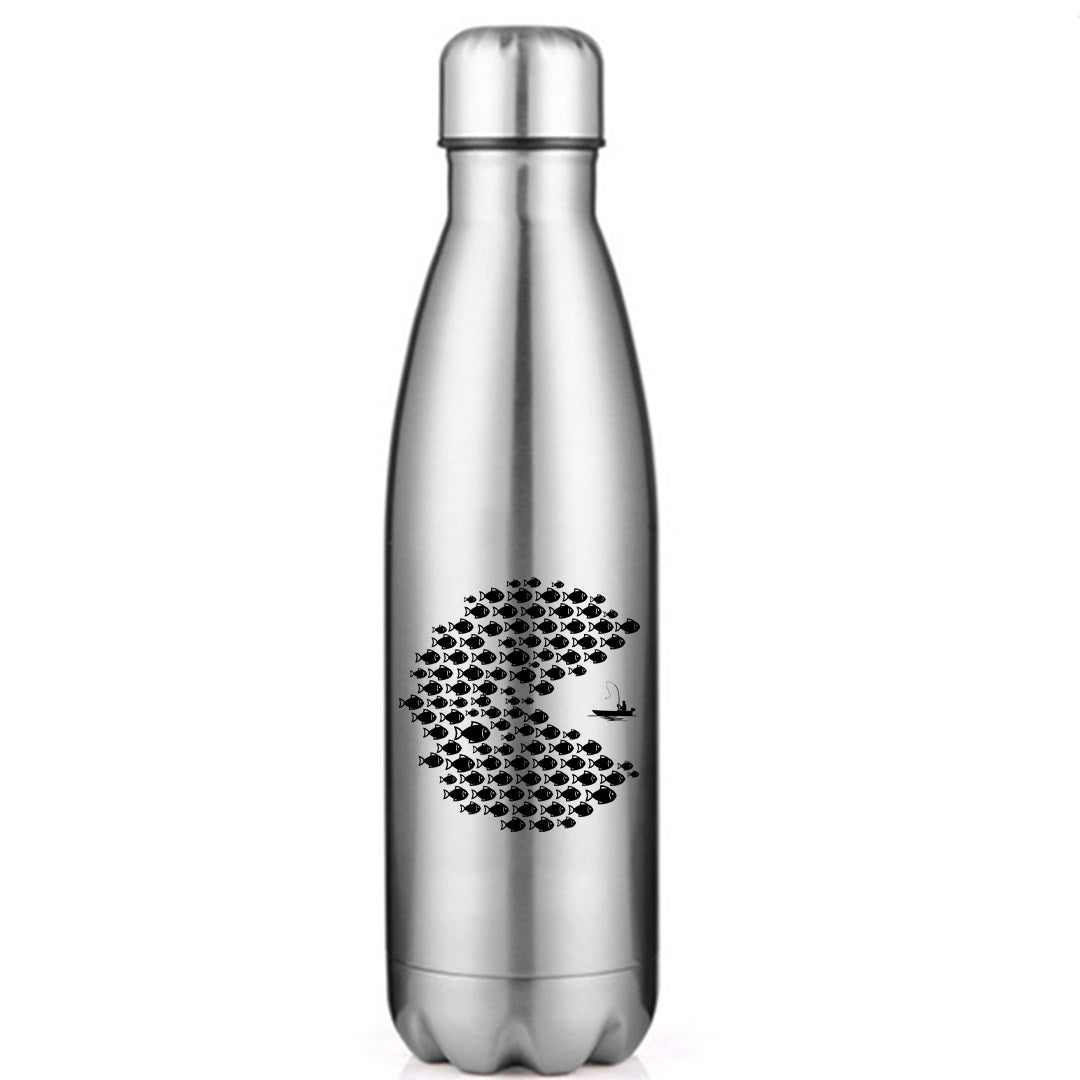 Fishing Pacman Style Stainless Steel Water Bottle with vibrant colors and bowling pin shape, perfect for hot and cold drinks.