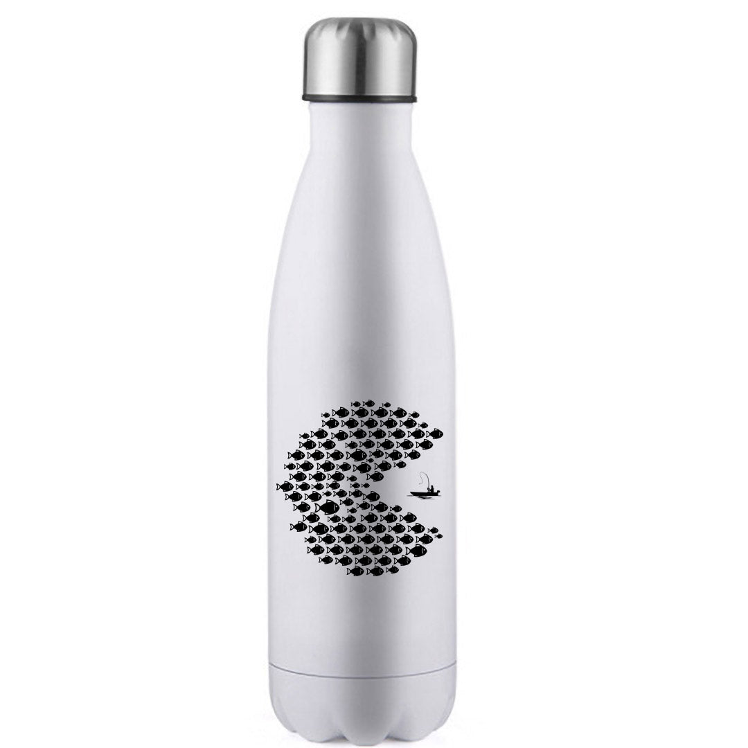 Fishing Pacman Style Stainless Steel Water Bottle with vibrant colors and bowling pin shape, perfect for hot and cold drinks.