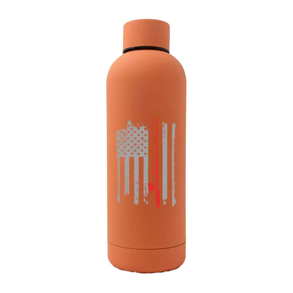 Fishing Rod American Flag 17oz stainless steel water bottle with rubberized coating, showcasing a unique design and leakproof cap.