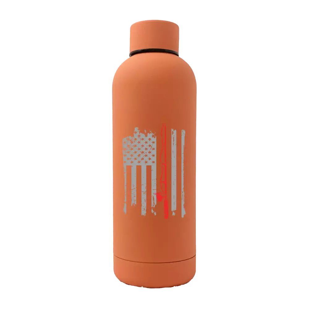 Fishing Rod American Flag 17oz stainless steel water bottle with rubberized coating, showcasing a unique design and leakproof cap.