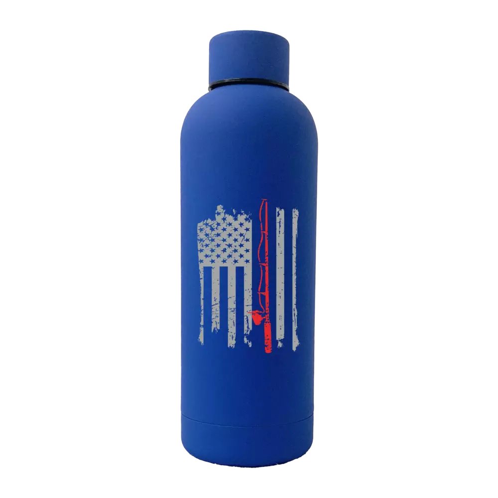 Fishing Rod American Flag 17oz stainless steel water bottle with rubberized coating, showcasing a unique design and leakproof cap.