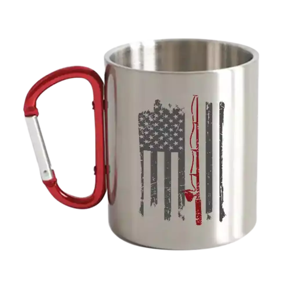 Fishing Rod American Flag Carabiner Mug 12oz showcasing a vibrant design with a fishing rod and American flag, perfect for outdoor enthusiasts.