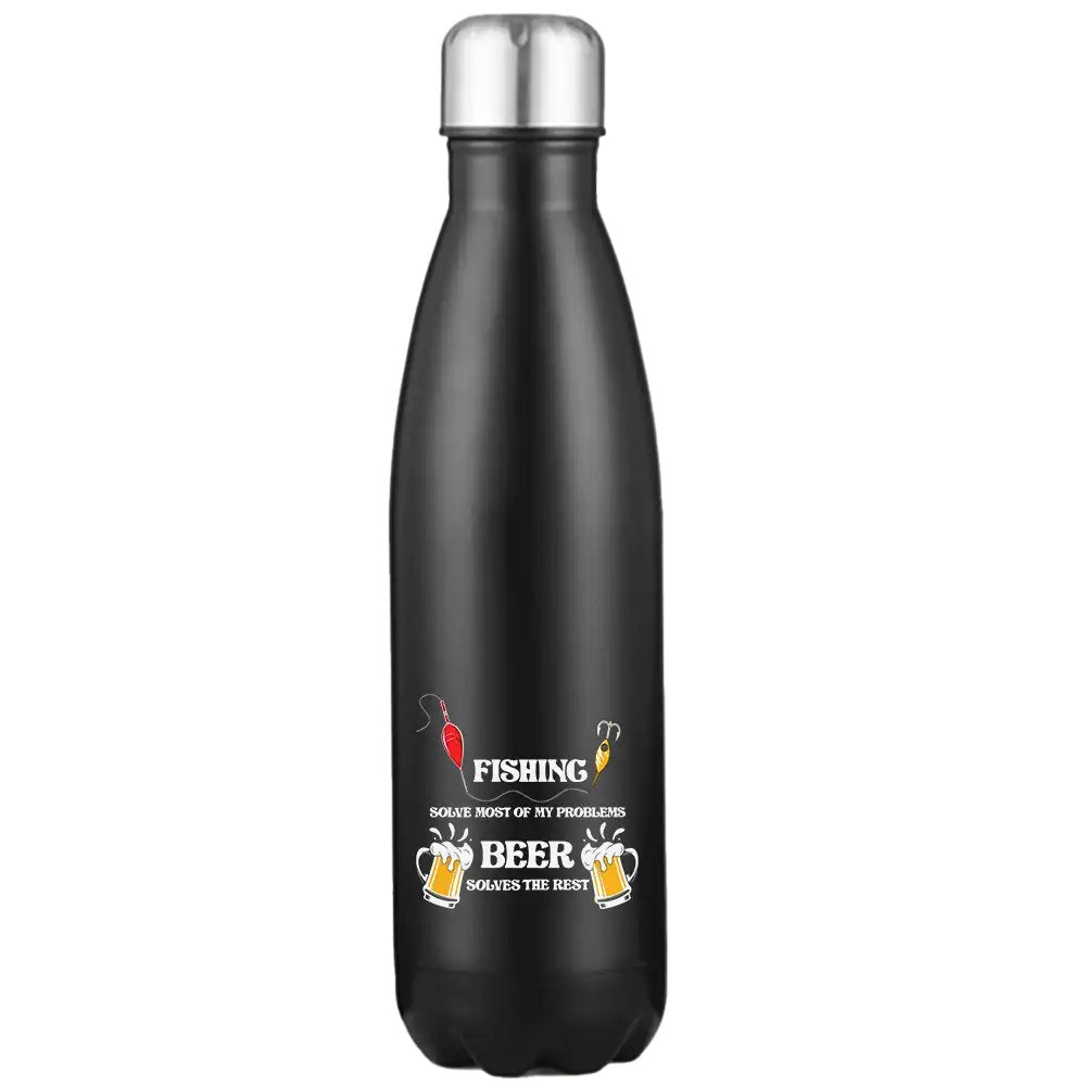 Fishing Solves All My Problem 17oz Stainless Water Bottle with a sleek design and vibrant UV printed graphics.