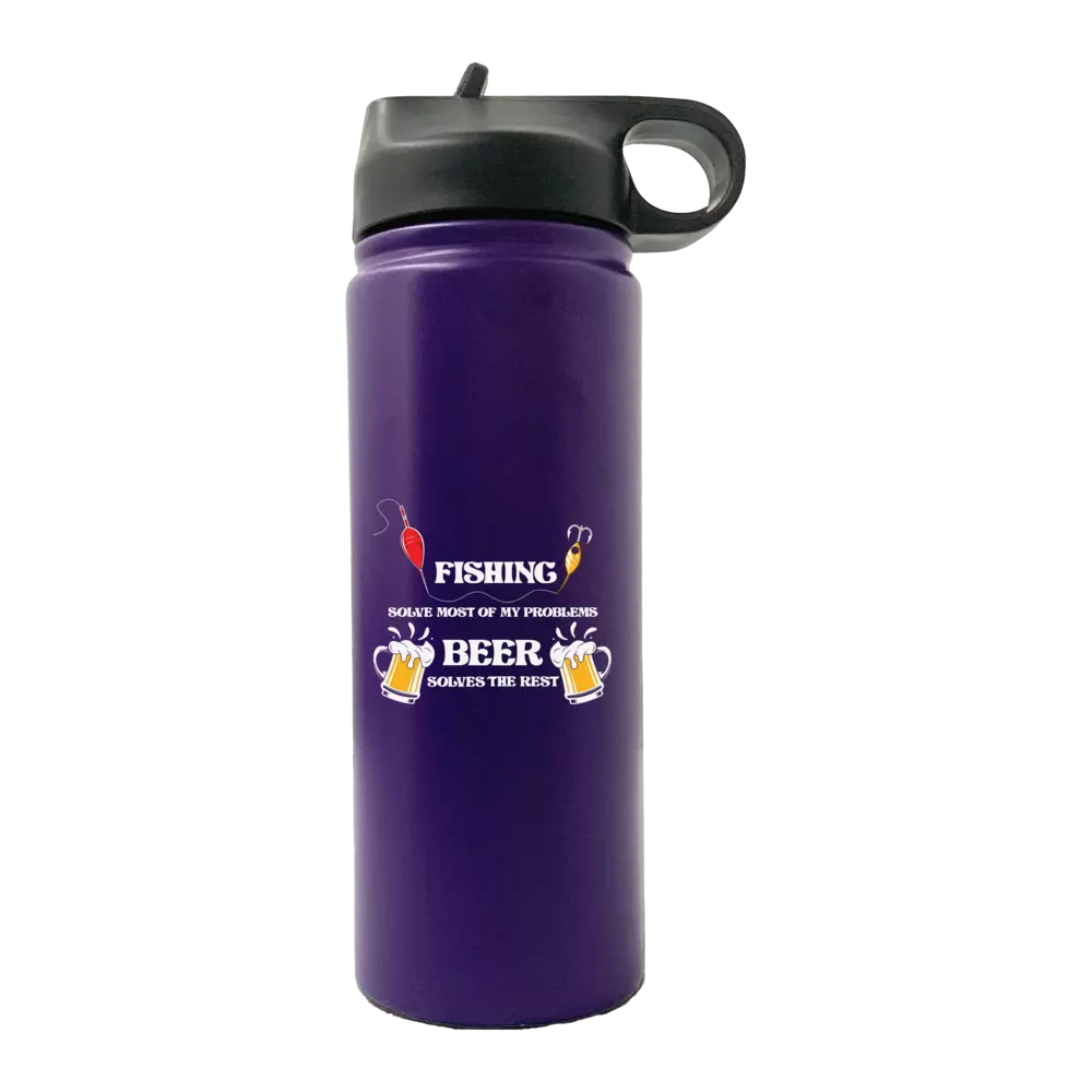 Purple water bottle with humorous text.