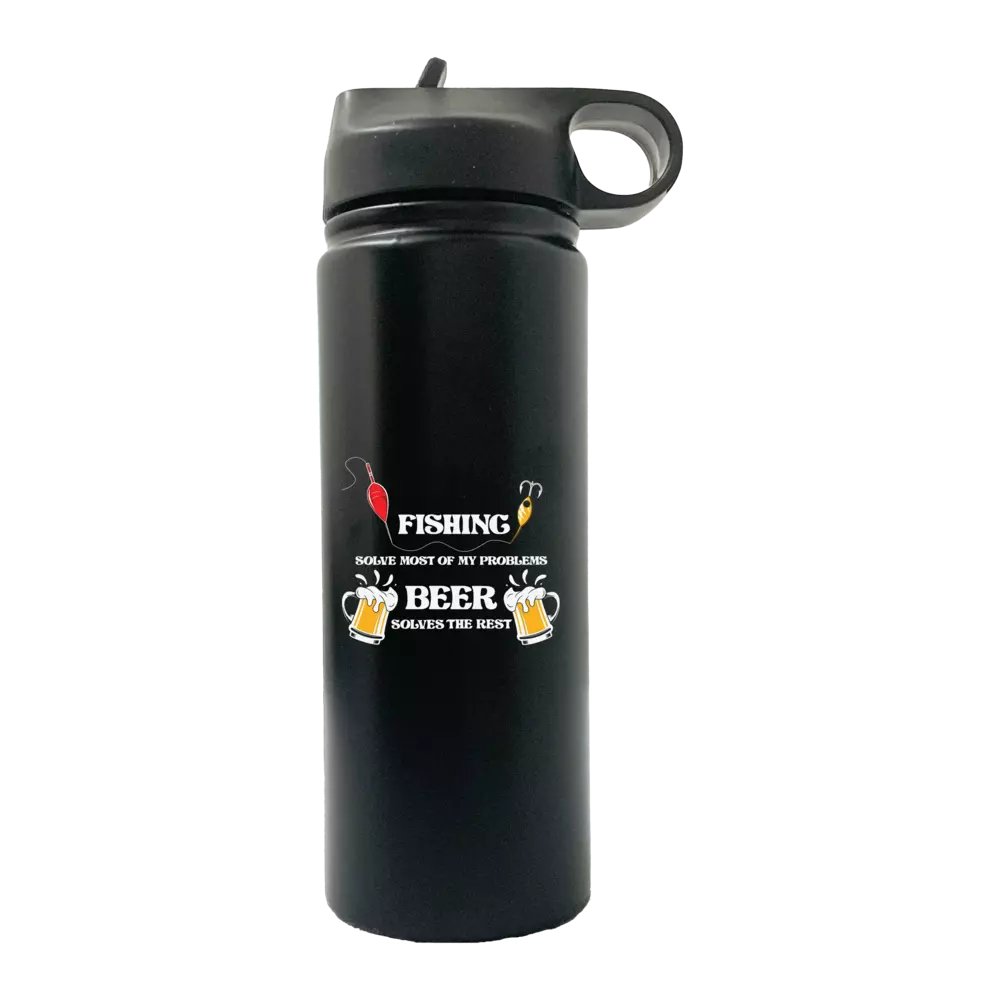 Black travel mug with humorous text.