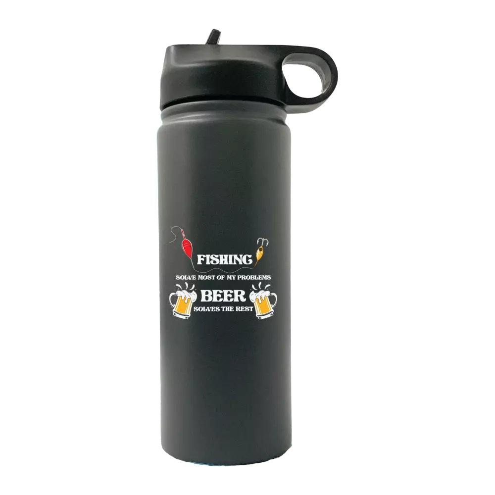 Black water bottle with humorous design.