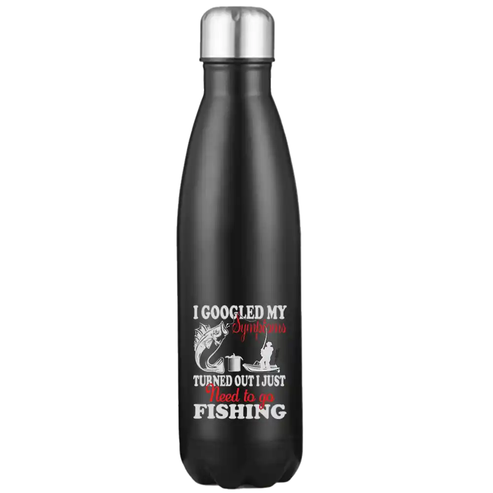 Fishing Symptoms 17oz Stainless Steel Water Bottle with vibrant UV printed design and leakproof cap, perfect for outdoor activities.