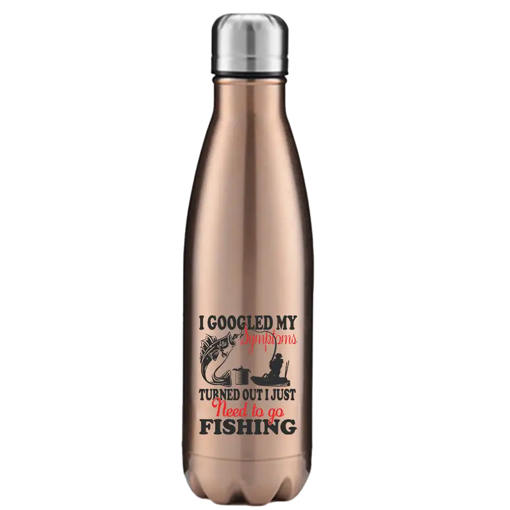 Fishing Symptoms 17oz Stainless Steel Water Bottle with vibrant UV printed design and leakproof cap, perfect for outdoor activities.