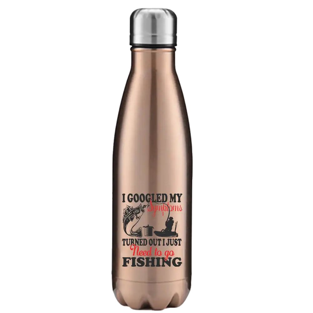 Fishing Symptoms 17oz Stainless Steel Water Bottle with vibrant UV printed design and leakproof cap, perfect for outdoor activities.