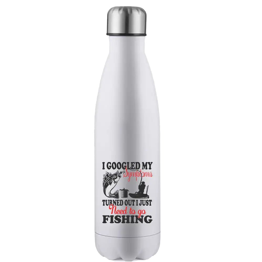 Fishing Symptoms 17oz Stainless Steel Water Bottle with vibrant UV printed design and leakproof cap, perfect for outdoor activities.