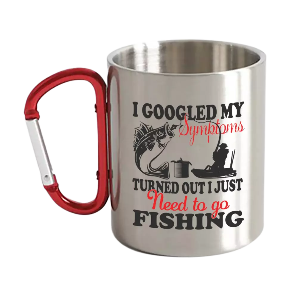 Fishing Symptoms Carabiner Mug 12oz with UV printed design, showcasing its durable stainless steel build and ergonomic shape.