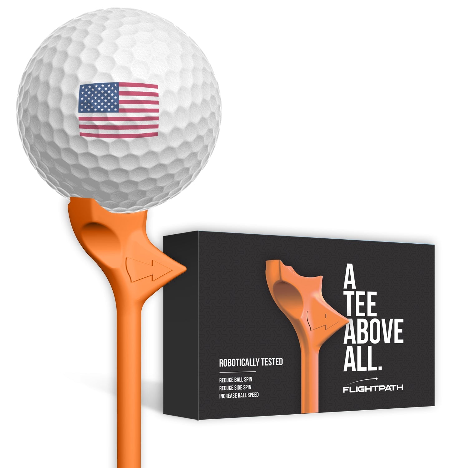 A pack of FlightPath Golf Tees showcasing their unique directional design and durability, ideal for enhancing golf performance.