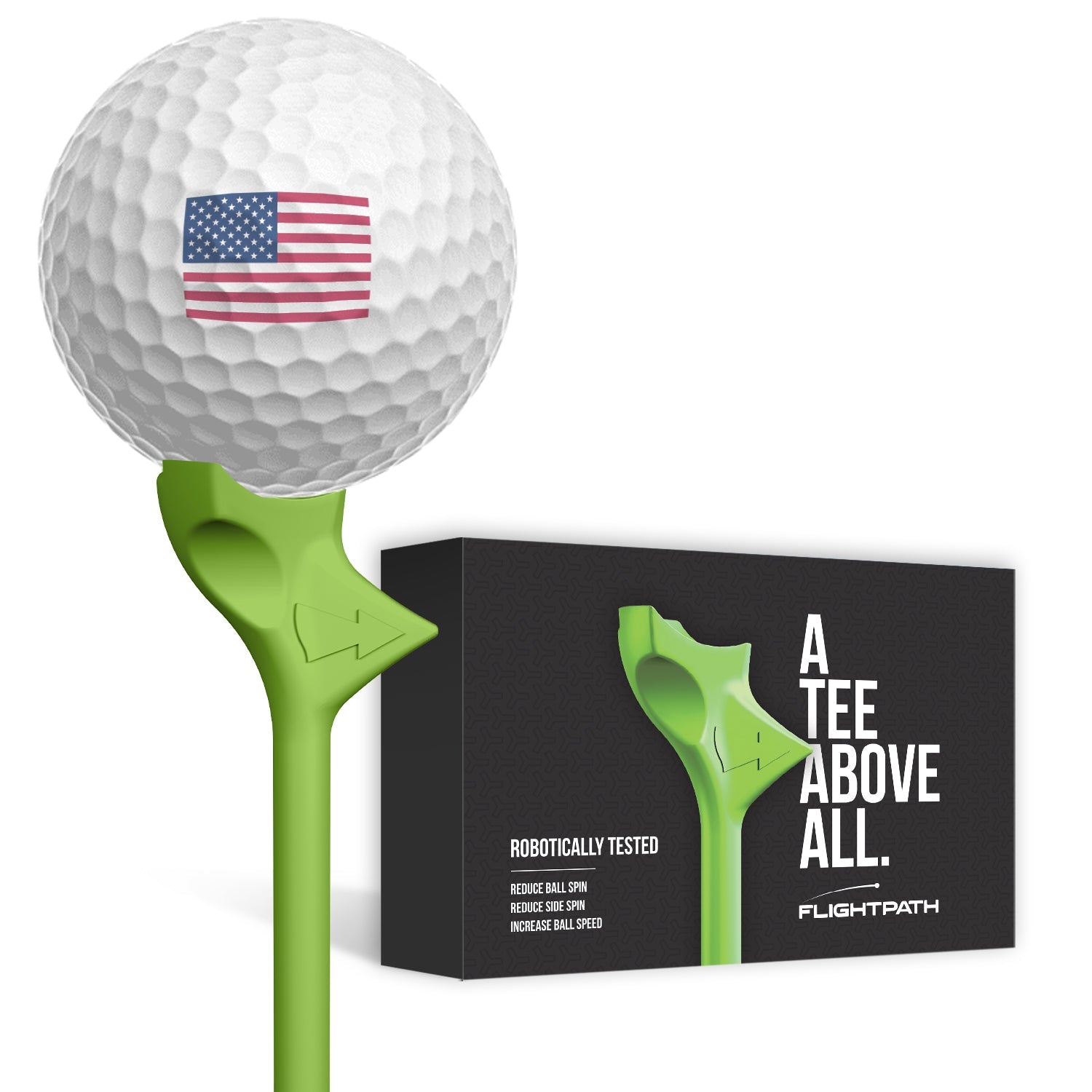 A pack of FlightPath Golf Tees showcasing their unique directional design and durability, ideal for enhancing golf performance.