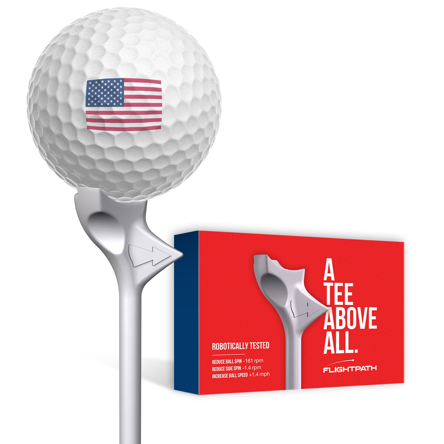 A pack of FlightPath Golf Tees showcasing their unique directional design and durability, ideal for enhancing golf performance.