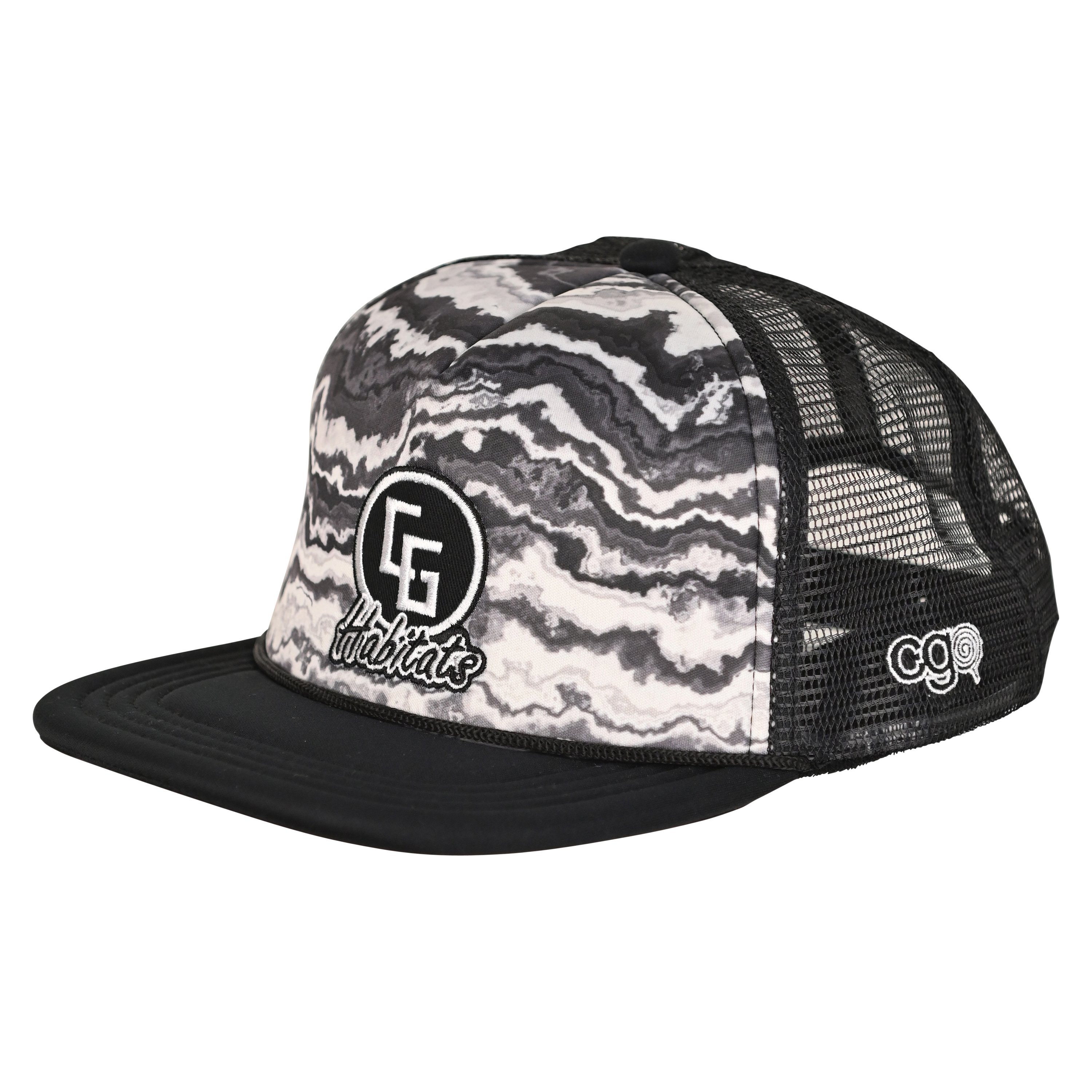 Stylish Foam Trucker Hat_CG featuring a mesh and poly blend, terrycloth sweatband, deep fit, and luxurious 3-D embroidery with an iron-on patch.