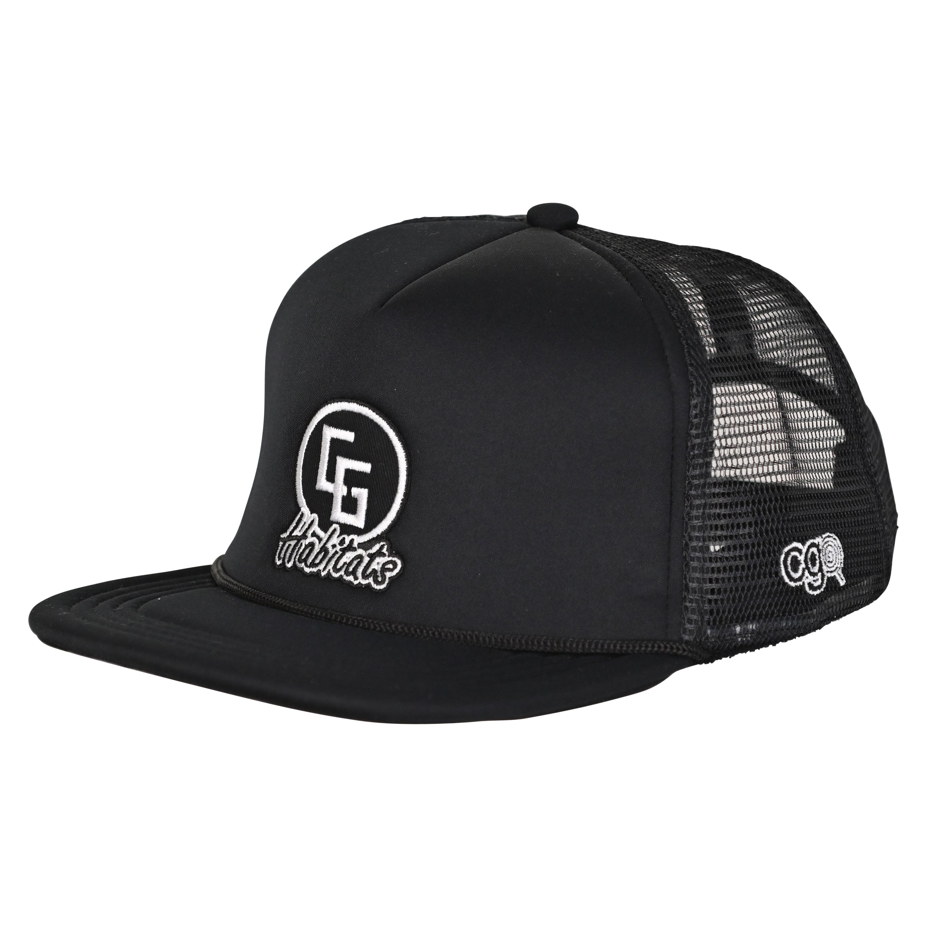 Stylish Foam Trucker Hat_CG featuring a mesh and poly blend, terrycloth sweatband, deep fit, and luxurious 3-D embroidery with an iron-on patch.