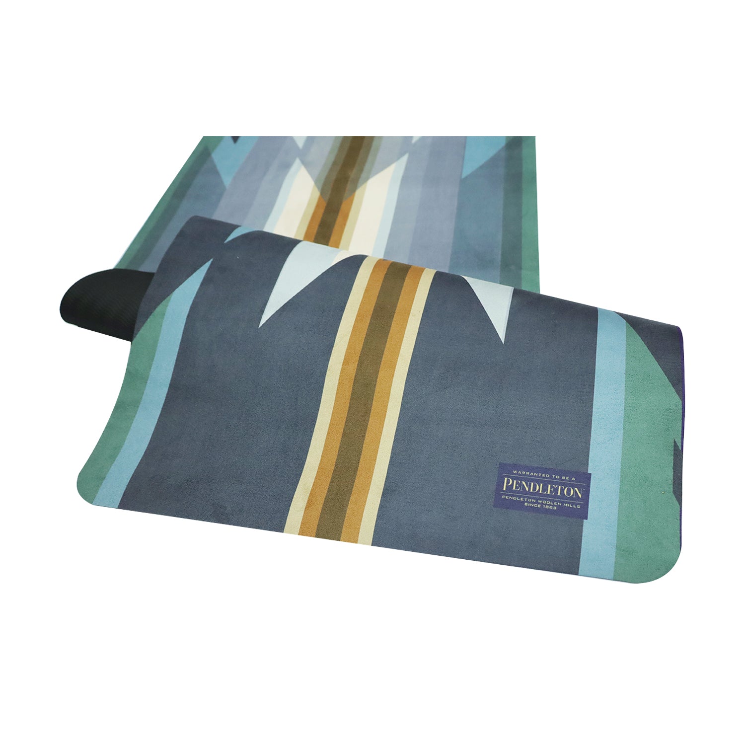 Foldable suede yoga mat in Pendleton Wyeth Trail design, showcasing its lightweight and portable features, perfect for travel and yoga practice.