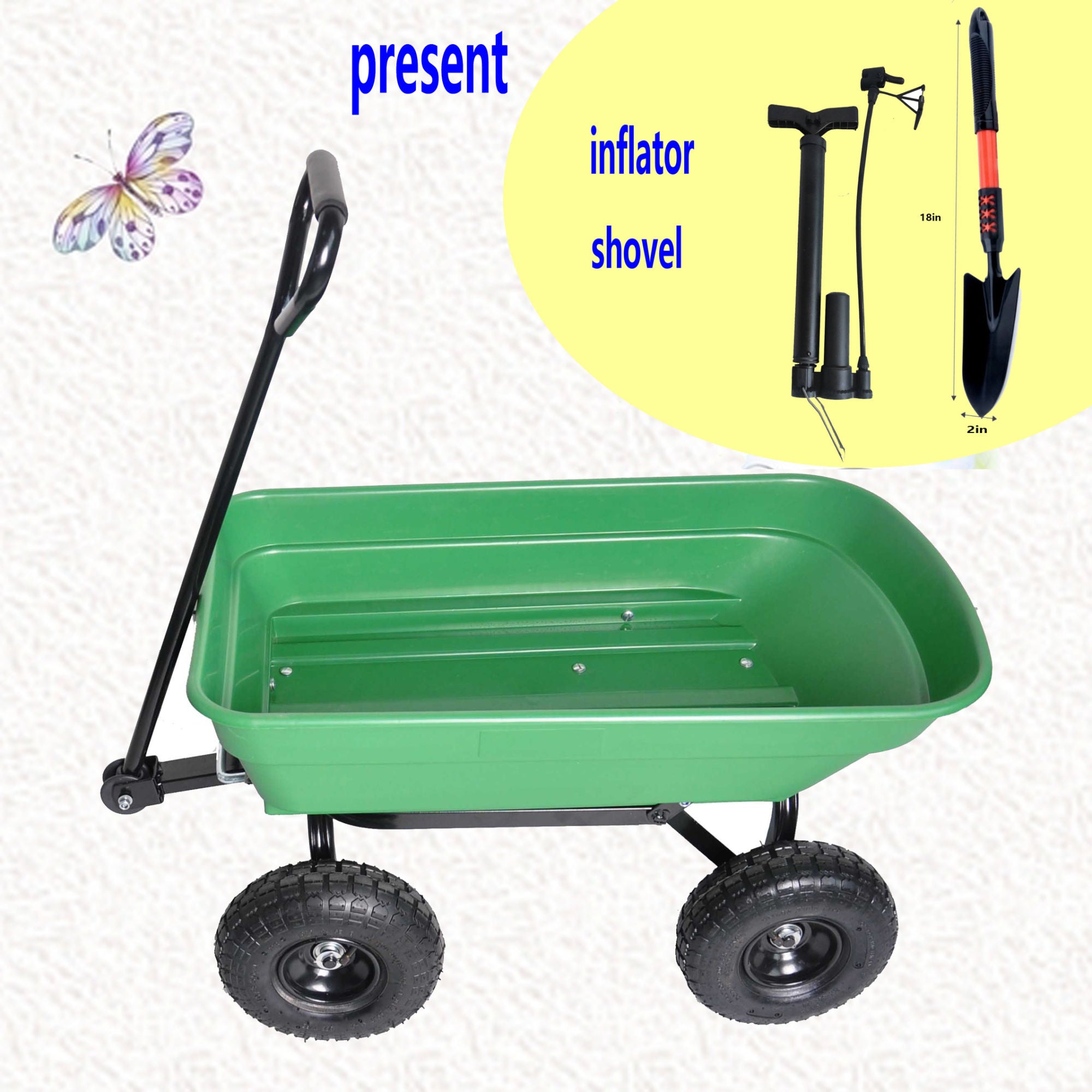 Poly Garden Dump Cart with steel frame and 10-inch pneumatic tires, designed for heavy loads and easy maneuverability.