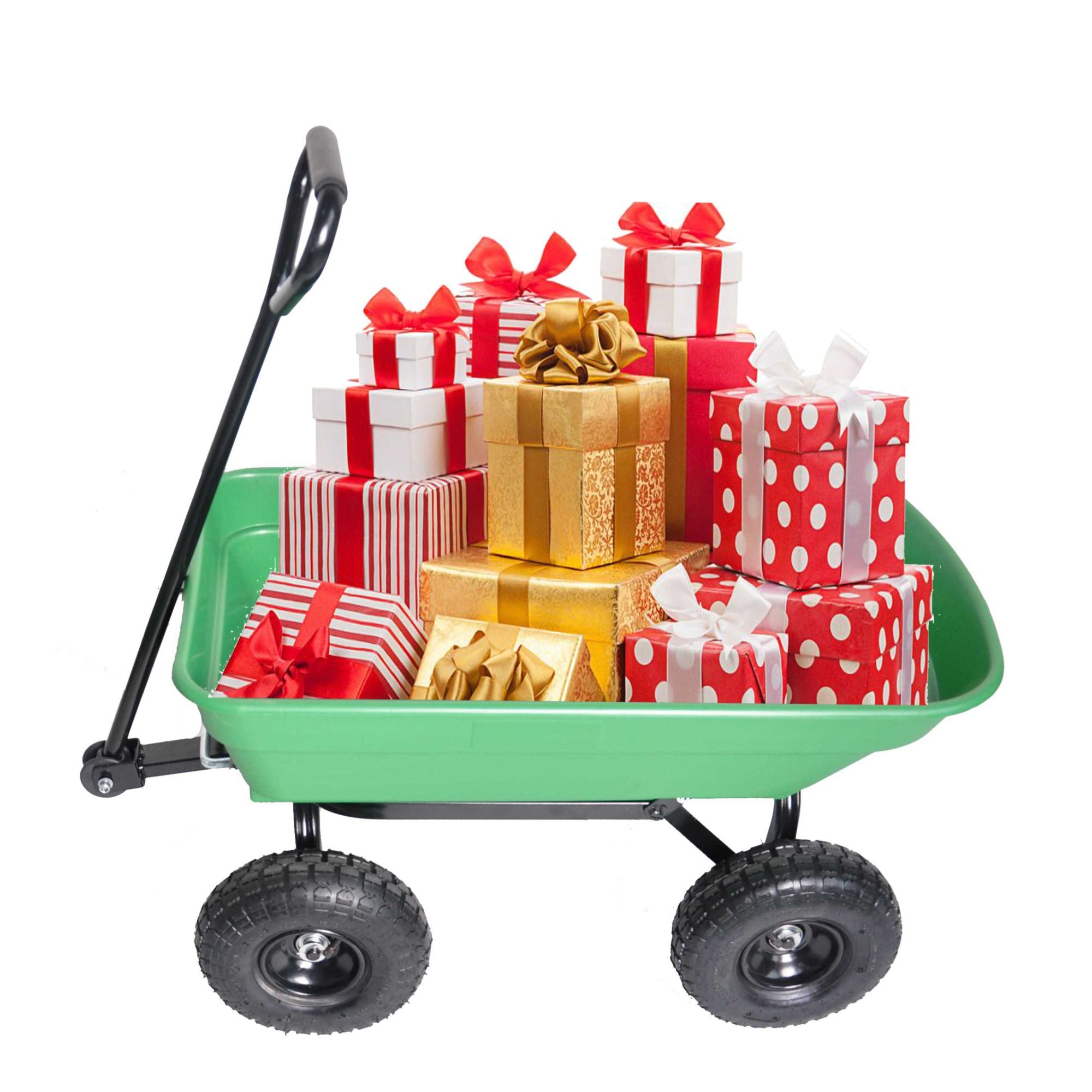 Poly Garden Dump Cart with steel frame and 10-inch pneumatic tires, designed for heavy loads and easy maneuverability.