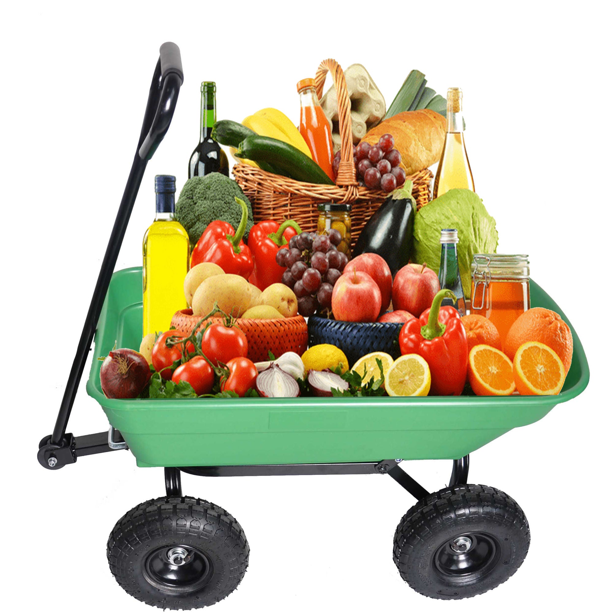 Poly Garden Dump Cart with steel frame and 10-inch pneumatic tires, designed for heavy loads and easy maneuverability.