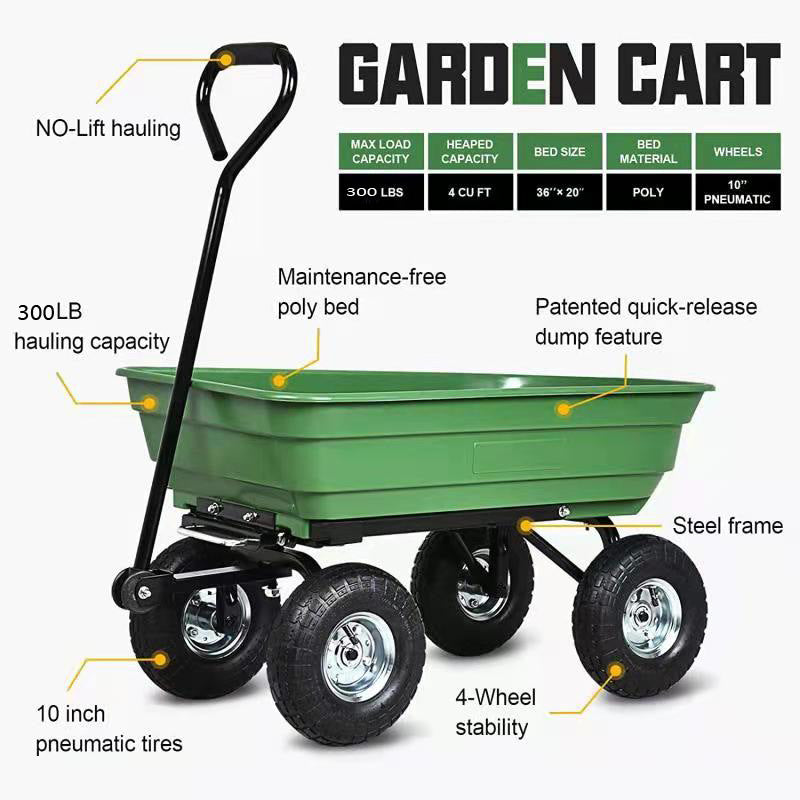 Poly Garden Dump Cart with steel frame and 10-inch pneumatic tires, designed for heavy loads and easy maneuverability.