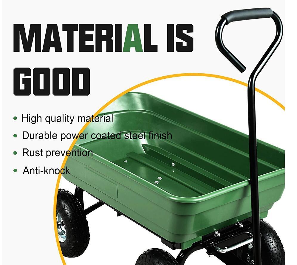 Poly Garden Dump Cart with steel frame and 10-inch pneumatic tires, designed for heavy loads and easy maneuverability.