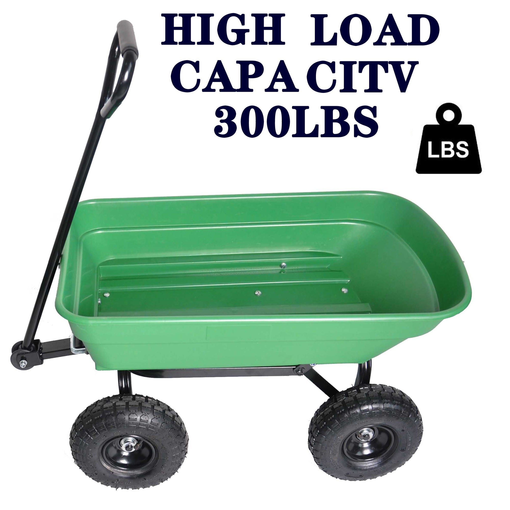 Poly Garden Dump Cart with steel frame and 10-inch pneumatic tires, designed for heavy loads and easy maneuverability.