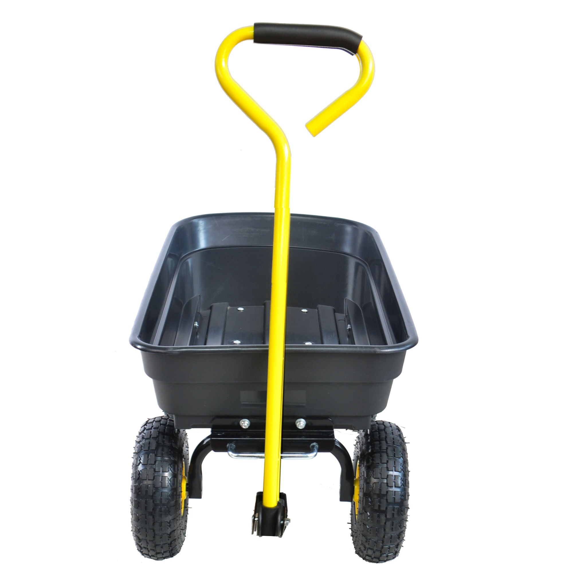 Poly Garden Dump Cart with steel frame and 10-inch pneumatic tires, designed for heavy loads and easy maneuverability.