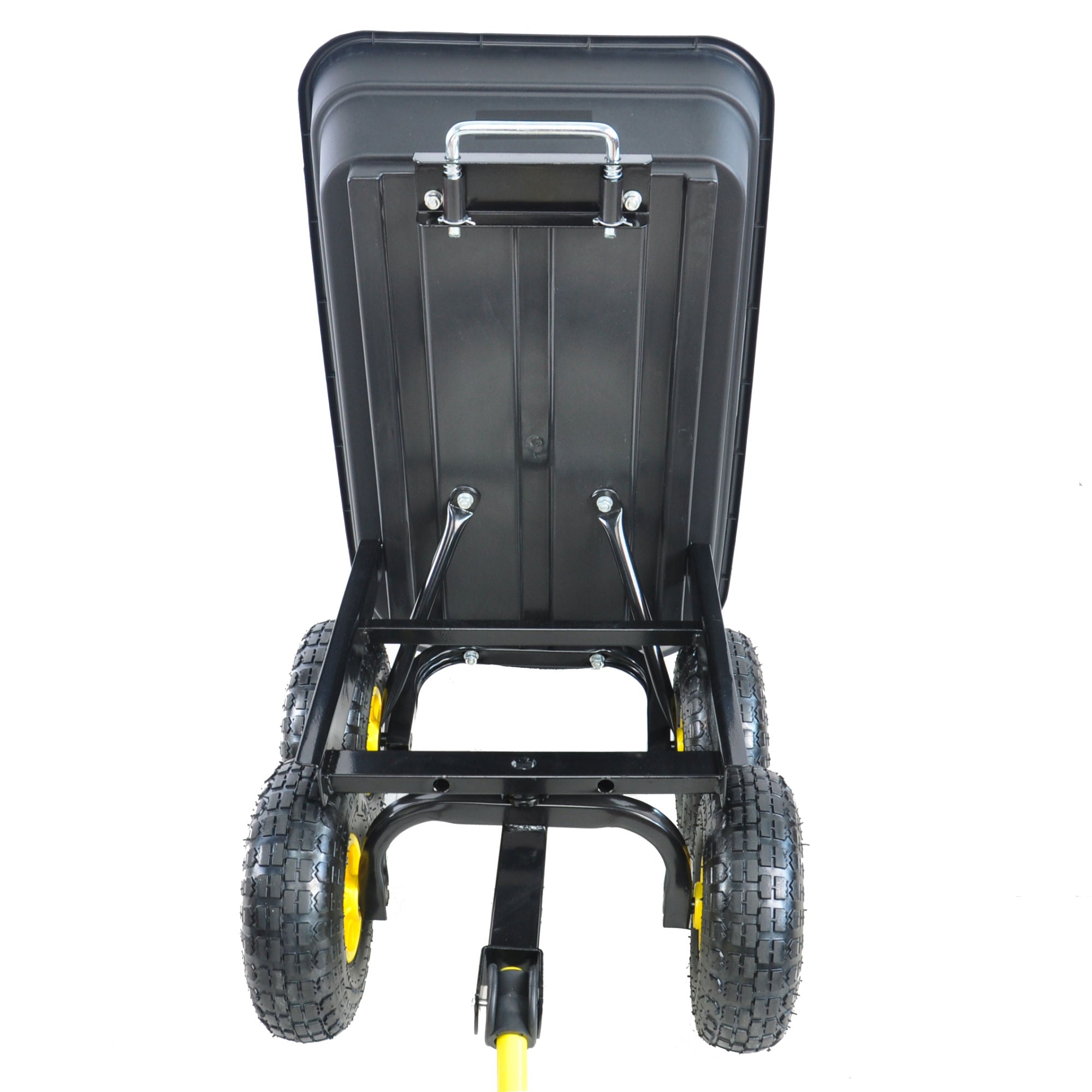 Poly Garden Dump Cart with steel frame and 10-inch pneumatic tires, designed for heavy loads and easy maneuverability.