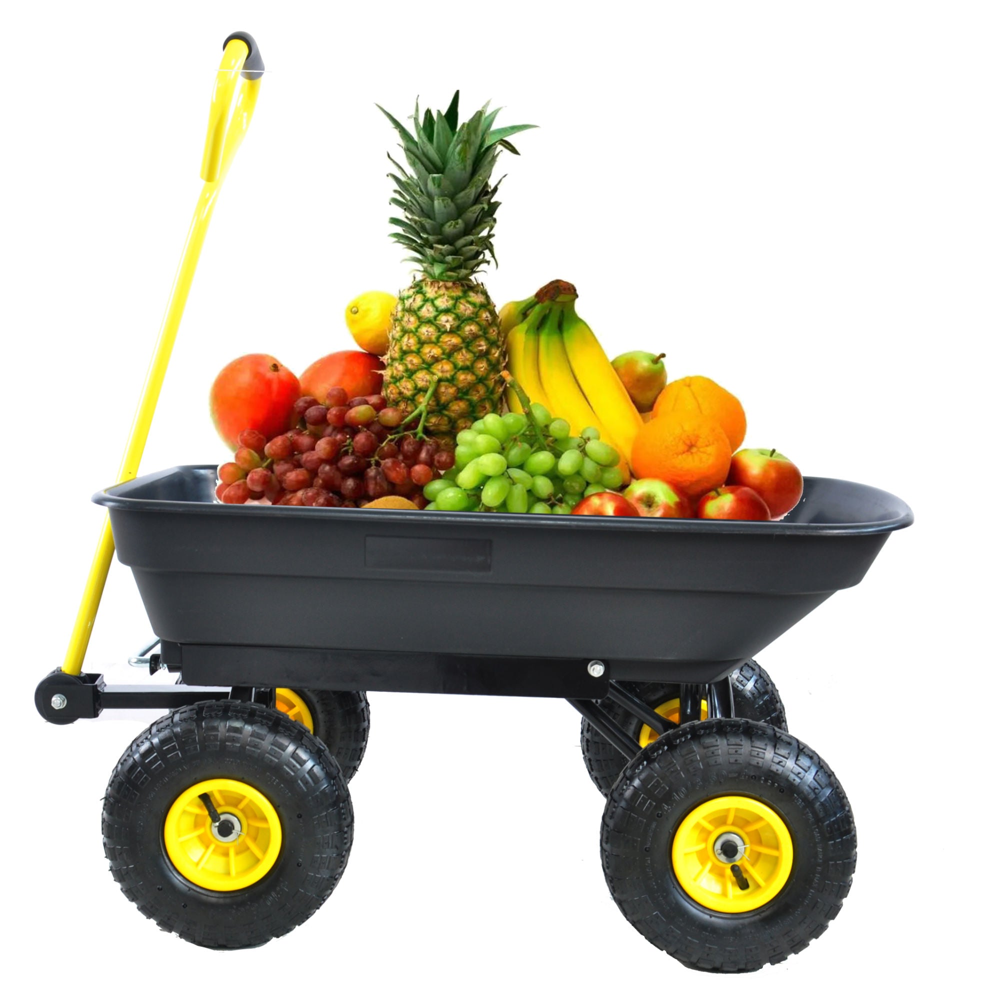 Poly Garden Dump Cart with steel frame and 10-inch pneumatic tires, designed for heavy loads and easy maneuverability.