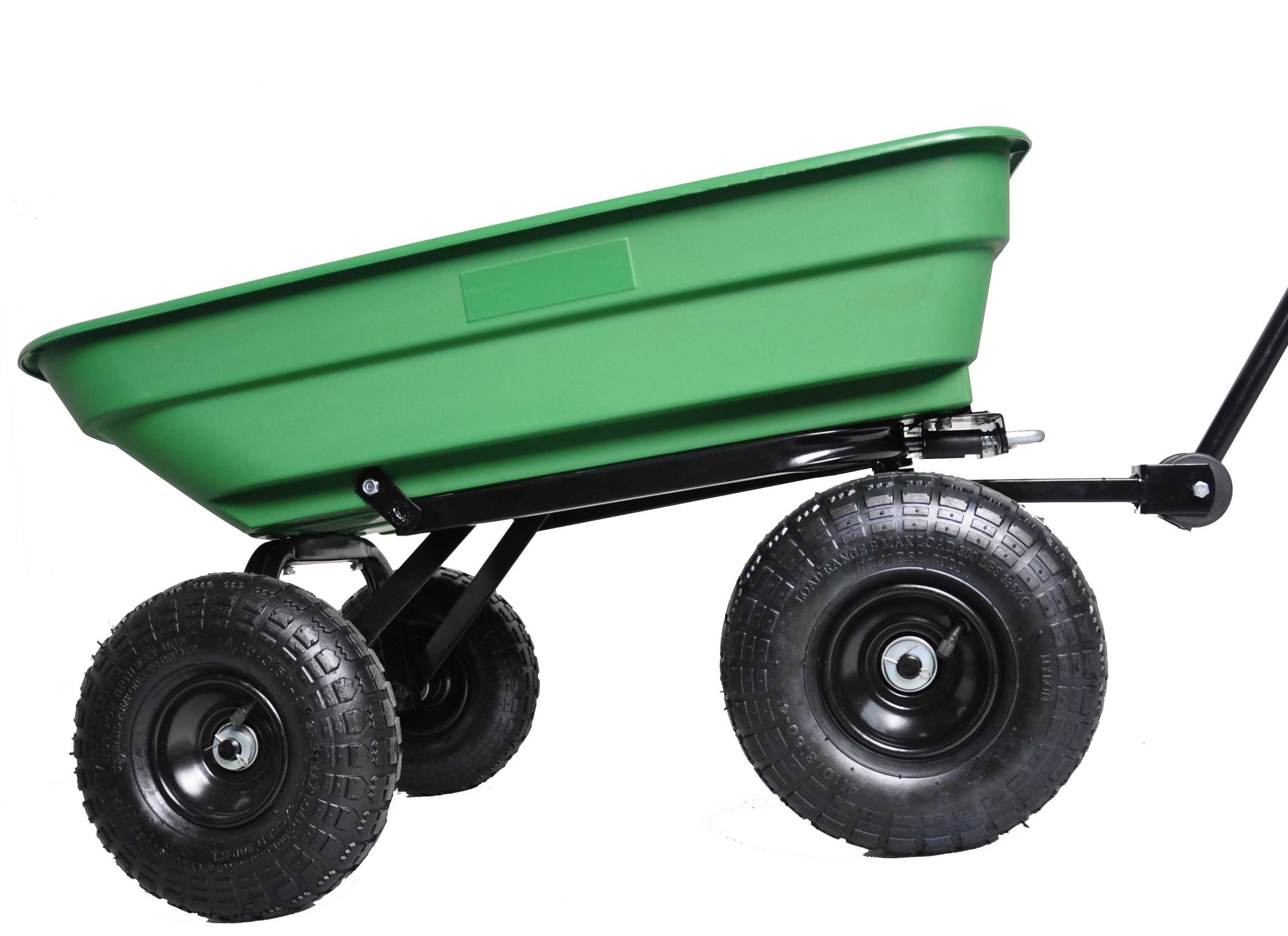 Poly Garden Dump Cart with steel frame and 10-inch pneumatic tires, designed for heavy loads and easy maneuverability.