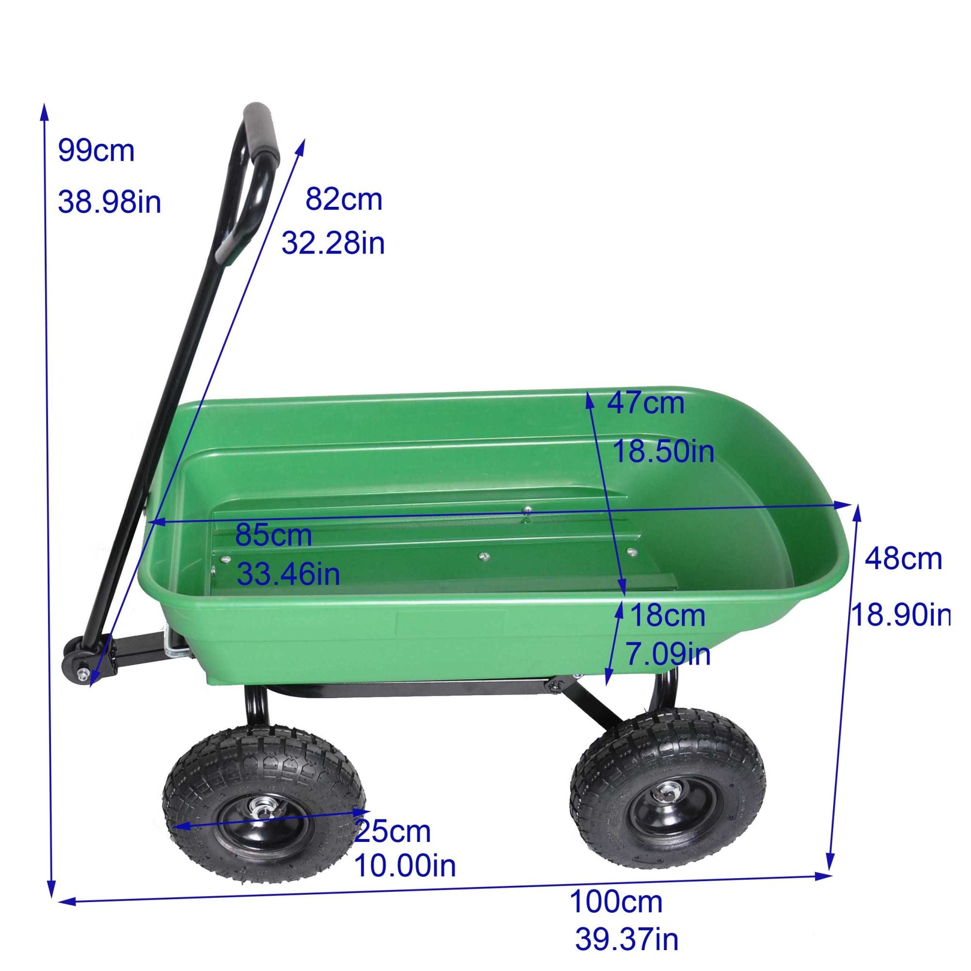 Poly Garden Dump Cart with steel frame and 10-inch pneumatic tires, designed for heavy loads and easy maneuverability.