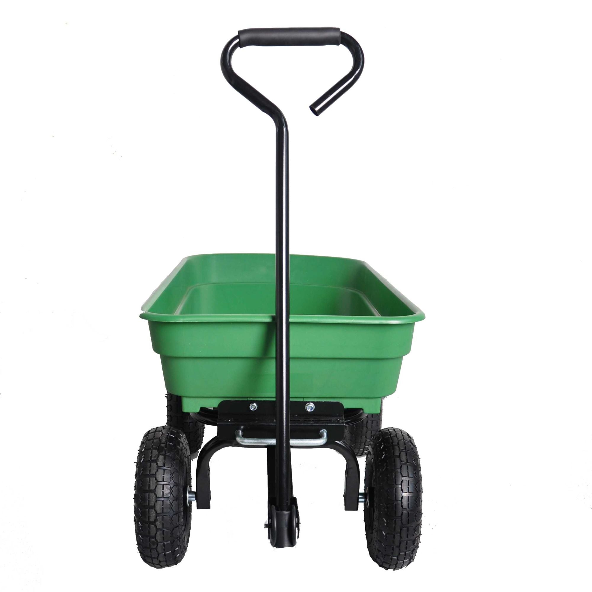 Poly Garden Dump Cart with steel frame and 10-inch pneumatic tires, designed for heavy loads and easy maneuverability.