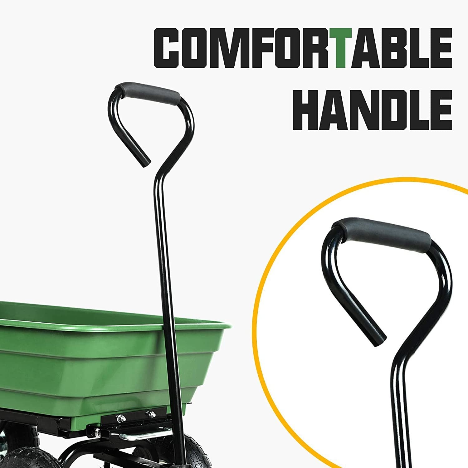 Poly Garden Dump Cart with steel frame and 10-inch pneumatic tires, designed for heavy loads and easy maneuverability.