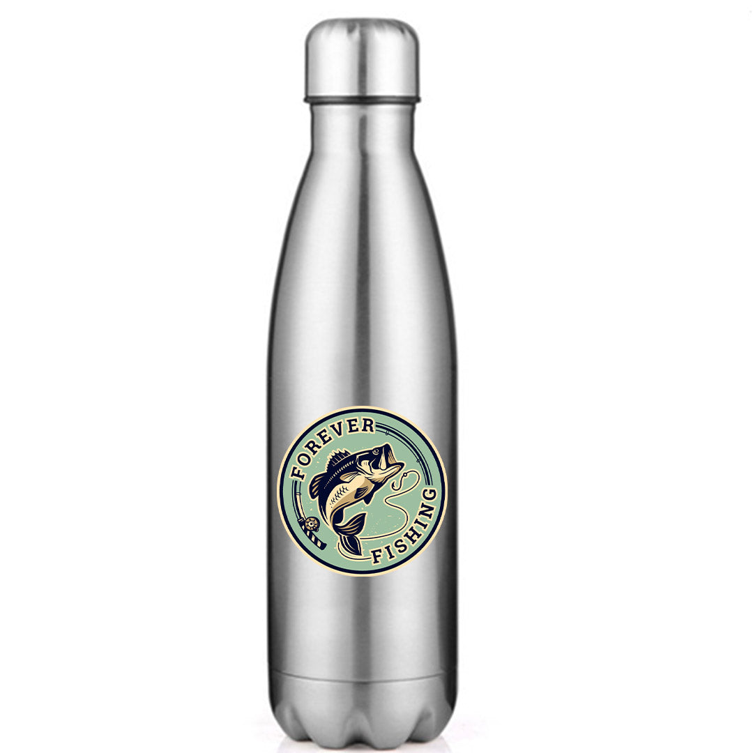 Forever Fishing Stainless Steel Water Bottle in vibrant colors, showcasing its bowling pin shape and leak-proof cap.