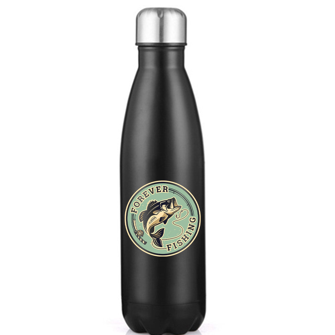 Forever Fishing Stainless Steel Water Bottle in vibrant colors, showcasing its bowling pin shape and leak-proof cap.