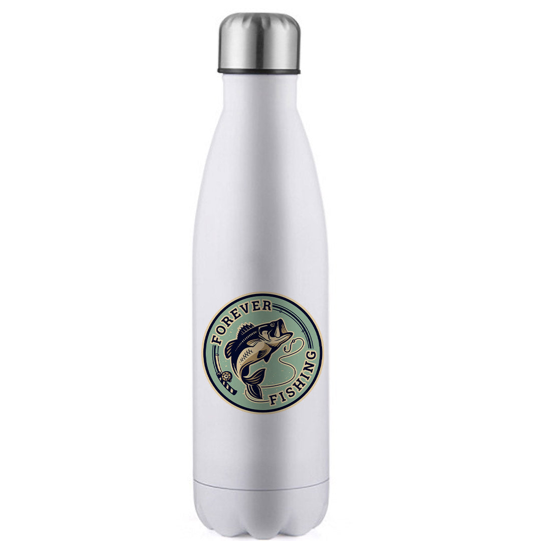 Forever Fishing Stainless Steel Water Bottle in vibrant colors, showcasing its bowling pin shape and leak-proof cap.