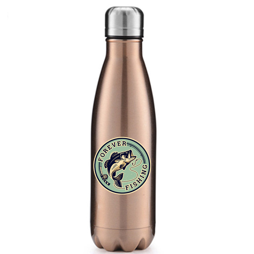 Forever Fishing Stainless Steel Water Bottle in vibrant colors, showcasing its bowling pin shape and leak-proof cap.