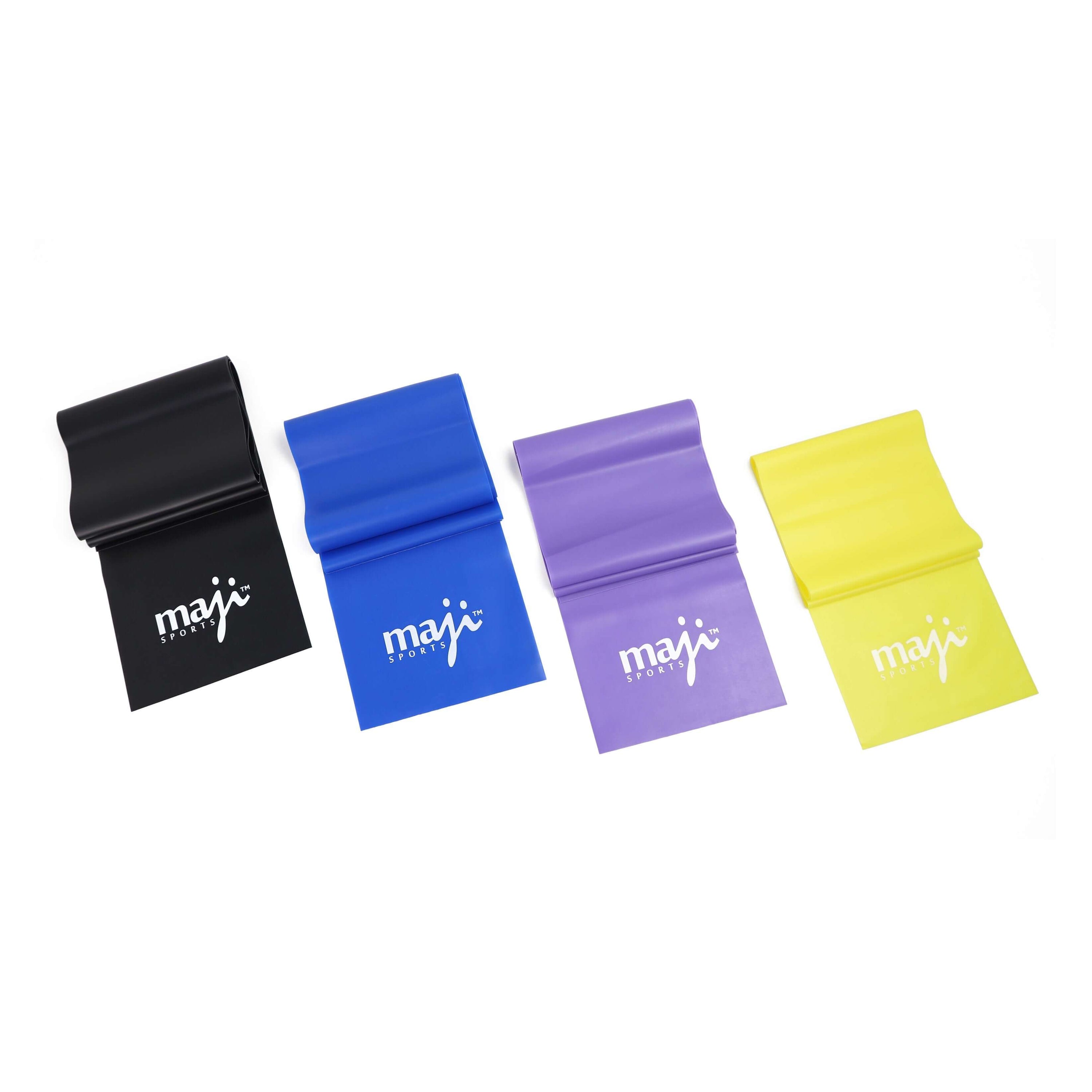 Full Body Exercise & Stretch Bands in four colors representing different resistance levels, ideal for various workouts.